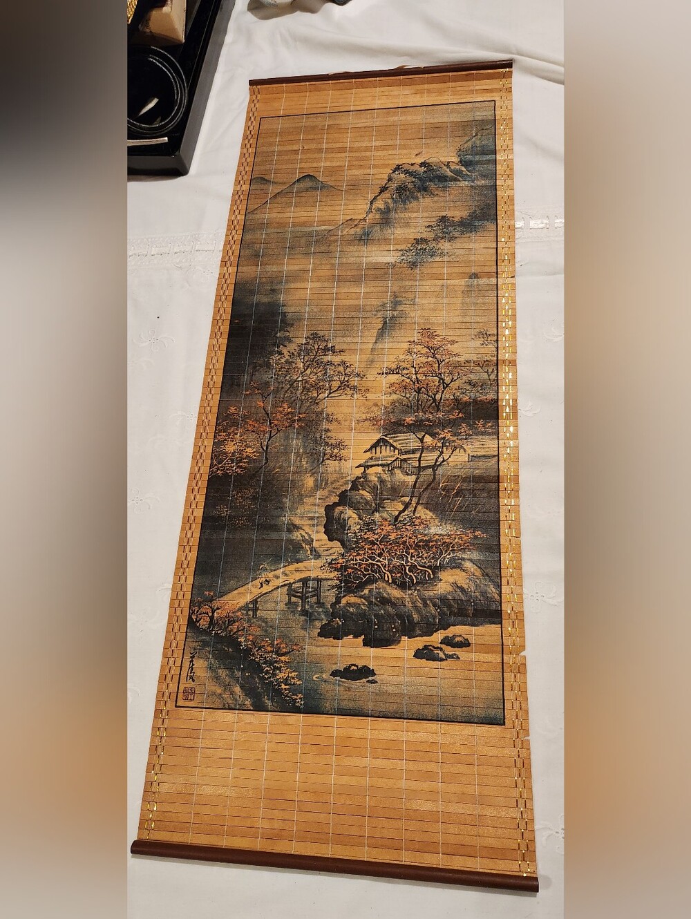 Hand-Painted Bamboo Wall Scroll in Tan and Black